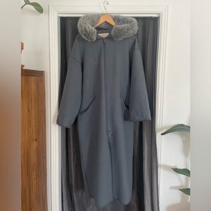 Vintage Linda Lundstrom 100% Wool Long Hooded Coat with Removable Faux Fur Trim